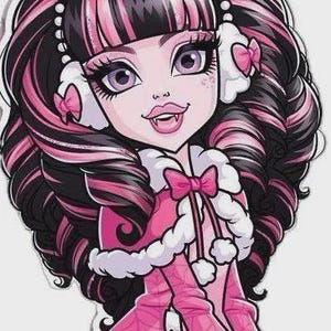 May include: Illustration of a cartoon character with black and pink hair, wearing a pink coat with white trim and a matching bow. The character has pale skin, purple eyes, and fangs.
