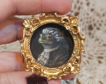 Miniature Victorian Frog Oil Painting with Vintage Ornate Gold Frame, Small Painting, Unique Tiny Wall Decor, Dark Academia Frog Portrait