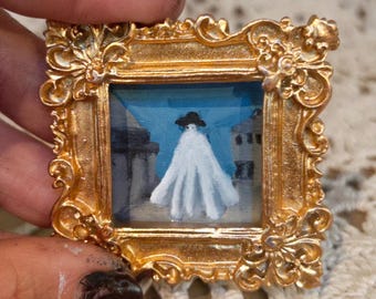 Mini Cowboy Ghost Oil Painting with Vintage Ornate Gold Frame, Mini Framed Art, Unique Tiny Western Wall Decor, Original Ghost Portrait