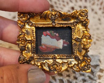 Small Strawberry Oil Painting Tiny Art, Original Miniature Strawberry Shortcake Dollhouse Assecory with OrnateGold Frame, Fruit Painting