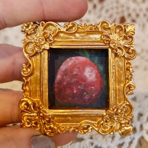 Strawberry Wall Decor, Tiny Art, Original Miniature Oil Painting, Cute Handmade Gift, Framed Art with Gold Frame, Fruit Wall Grid Still Life