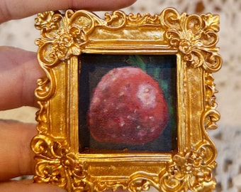 Strawberry Wall Decor, Tiny Art, Original Miniature Oil Painting, Cute Handmade Gift, Framed Art with Gold Frame, Fruit Wall Grid Still Life