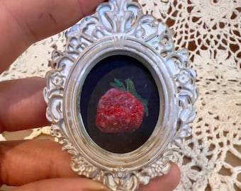 Strawberry Wall Decor, Original Miniature Oil Painting, Cute Handmade Gift, Vintage Ornate Round Frame, Fruit Still Life, Tiny Cottagecore