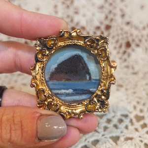 Small Ocean Landscape Oil Painting with Vintage Ornate Gold Frame, Granola Girl Gift, Original Unique Tiny Dollhouse Painting, Seascape