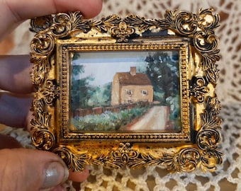Mini Original Cottage Core Painting, Tiny Oil Painting, Mini Framed Art, Miniature Countryside Cottage Art, Small Cottagecore Decor
