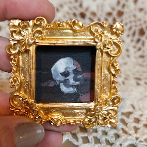 Original Mini Skull Oil Painting Miniature Gothic Painting With Ornate Gold Frame Tiny Unique Dark Academia Horror Wall Art, Small Gift
