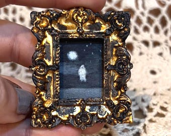 Original Mini Ghost Oil Painting Halloween Decorarion With Ornate Gold Frame Tiny Unique Dark Academia Horror Wall Art Fhoat Drinking Coffee