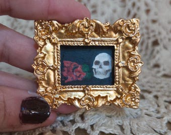 Original Mini Skull Oil Painting Miniature Gothic Painting With Ornate Gold Frame Tiny Unique Dark Academia Horror Wall Art, Small Gift