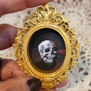 Original Mini Skull Oil Painting Miniature Gothic Painting With Ornate Gold Frame Tiny Unique Dark Academia Horror Wall Art, Small Gift