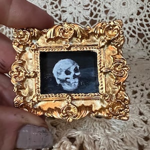 Original Mini Skull Oil Painting Miniature Gothic Painting With Ornate Gold Frame Tiny Unique Dark Academia Horror Wall Art, Small Gift