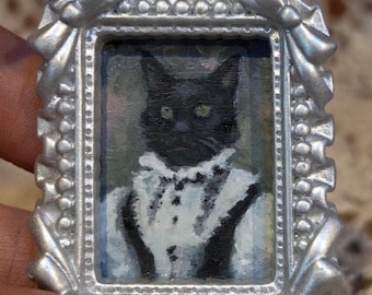 Miniatur-viktorianisches schwarze Katze Ölgemälde, Weinlese verziehren Rahmen, Mini gerahmte Kunst, einzigartiges kleines Goth-Dekor, ursprüngliche kleine Malerei
