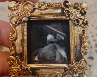 Mini Cowboy Goose Tiny Oil Painting with Vintage Ornate Gold Frame, Small Original Wall Art, Unique Western Wall Decor Miniature Silly Goose
