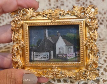 ミニオリジナルカントリーサイドコテージ絵画、ミニ油絵、ミニ額入りアート、ミニチュアファームハウスコテージコア装飾、ゴールドバロックフレーム