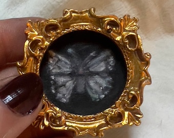Miniature Butterfly Oil Painting in Round Gold Frame Dark Coquette Decor Cottagecore Painting Original Unique Victorian Tiny Art Goth Gift