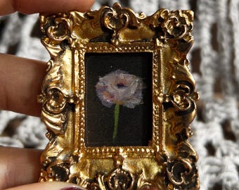 Mini Floral Painting, Tiny Dark Coquette Art, Original Miniature Pink Poppy Oil Painting, Cute Handmade Gift, Framed Art with Gold Frame,