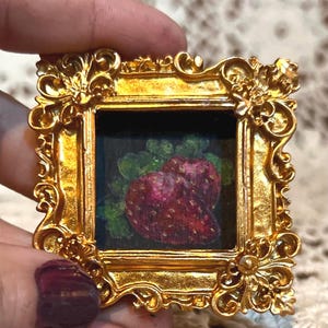 Strawberry Wall Decor, Tiny Art, Original Miniature Oil Painting, Dollhouse Painting, Framed Art with Gold Frame, Fruit Painting, Still Life