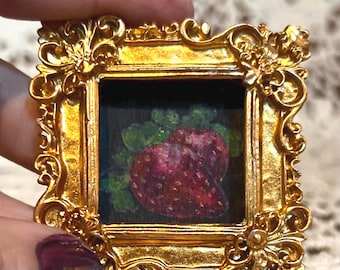 Strawberry Wall Decor, Tiny Art, Original Miniature Oil Painting, Dollhouse Painting, Framed Art with Gold Frame, Fruit Painting, Still Life
