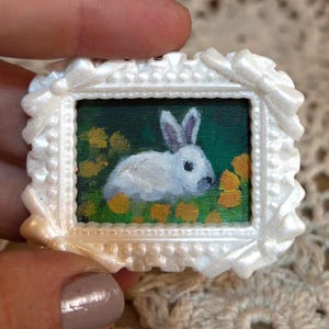Mini Bunny Oil  Painting Rabbit Portrait with Vintage Frame Dark Academia Cottagecore Wall Art Original Unique Tiny Art Victorian Wall Decor