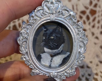 Miniature Victorian Black Cat Oil Painting, Vintage OrnateFrame, Mini Framed Art, Unique Tiny Goth Decor, Original Small Painting