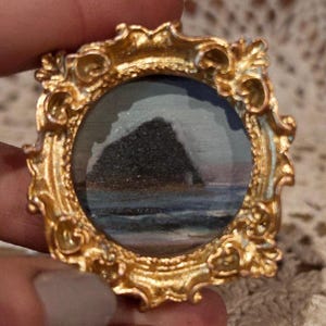 Small Ocean Landscape Oil Painting with Vintage Ornate Gold Frame, Granola Girl Gift, Original Unique Tiny Dollhouse Painting, Seascape
