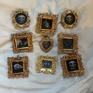 May include: Nine gold-toned picture frames with ornate designs, each containing a black and white image of a skull, butterfly, or other design. The frames are arranged in a grid pattern on a white fabric surface.