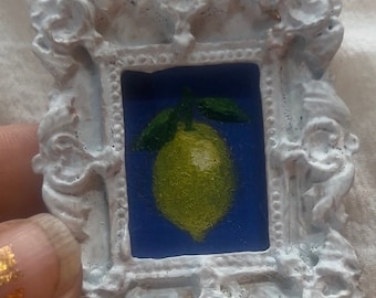 Tiny Art, Original Miniature Oil Painting Still Life, Lemon Decor , Fruit Painting, Cute Handmade Gift, Framed Art, Vintage Frame, Fruit Art