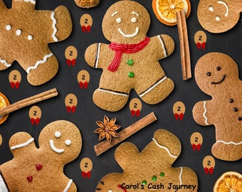 May include: A close-up of nine gingerbread men cookies on a black background. The cookies are decorated with white icing, red candy, and green sprinkles. There are also cinnamon sticks and dried orange slices on the background. The text "Carol's Cash Journey" and "$30" are visible on the image.