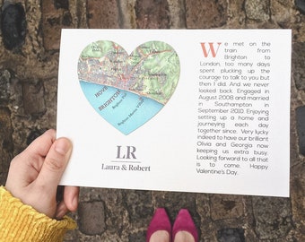 Where we met' custom map heart Valentine's day greetings card - Wedding anniversary personalised card for couple, him or her wife & husband