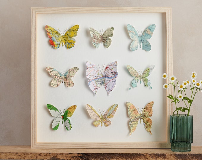 Wedding Anniversary Gift, Original Wall Art, Custom Map Papercut Art, Wall Decor, Framed butterflies, 3D Framed Art, Butterfly Gift For Her