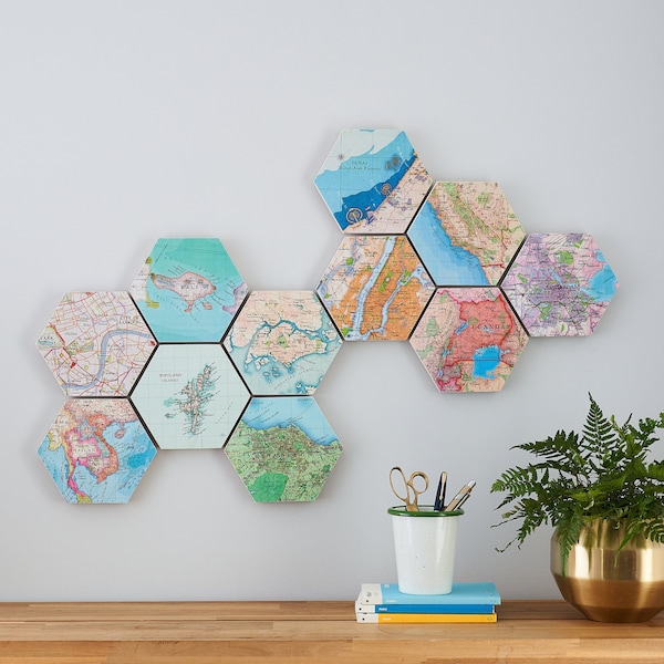 Custom Map Gift - Map Wall Art - Hexagon map wall art block - Personalised Home Decor Gift For A Couple -  modern Home Office Decor