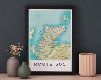 Route 500 Scotland Poster, Scottish Highlands Map Print, Scotland Map Wall Art, Route 500 Map, Travel Art Poster Print, Gift For Men