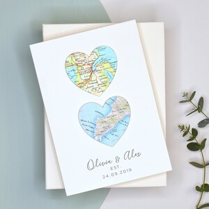 Valentines Card, Custom Map Heart Card, Luxury Wedding Anniversary Card For A Couple, Two Map Hearts, Personalized Couples Card image 1