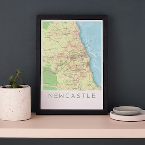 Newcastle Kaart Print, Newcastle Wall Art Poster, Cadeau voor hem, Nieuwe Huis Geschenken, Voor Echtgenoot, Aquarel Illustratie Tyne and Wear