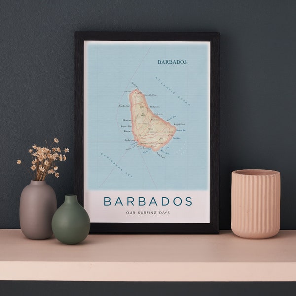 FRAMED Barbados Map, Barbados Wall Art Poster, Wall Art Home Decor, Romantic Travel Gift for Him, Couples Wedding Anniversary Gift