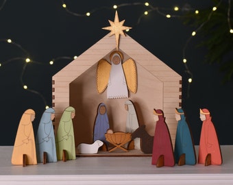Nativity Set, Nativity Scene, Scandi Style Christmas Crib, Hand painted Nativity Scene, Christmas Nativity Set, Religious Home Decor