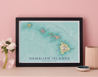 FRAMED Hawaiian Islands Map Print, Hawaiian Islands Gifts, Hawaii Map Gift, Ready to hang Wall Art Decor, Travel Gift for Her