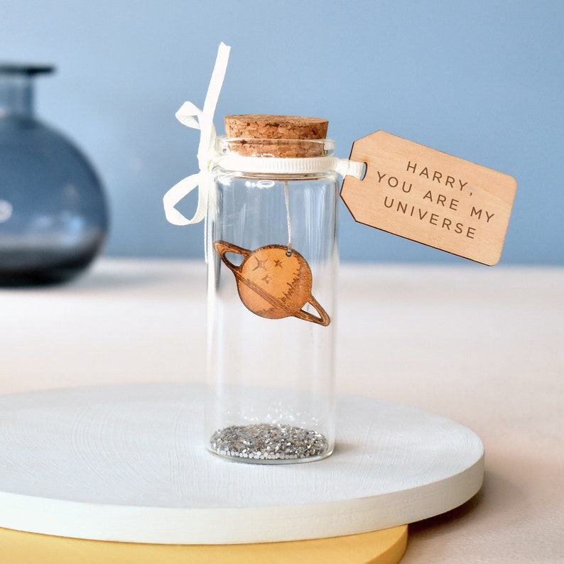 Universe Valentine'S Day Gift Space Themed Message Bottle, Saturn Planet In A Glass Bottle With Personalised Message Gift For Him. image 3