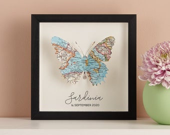 Personalized Wedding Anniversary Gift, Custom Map Wall Art, Wedding Shower Gift, Butterfly Print, Couples Gift