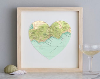 Amalfi Positano Wall Art Map, Wall Decor Map Location Print, Wedding Anniversary Bedroom wall Print, Framed Map for Her, Map Heart Frame