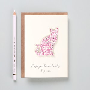 Carte d'anniversaire chat - carte de voeux femme chat fou à imprimé Liberty - carte personnalisée pour maman ou maman - carte personnalisée pour elle