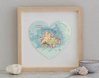 Antigua Map Heart Print, Wall Art Decor Print, Caribbean Map 3D print, Gallery Wall Frame, Custom Map Gift, Framed Wood map Heart Gift