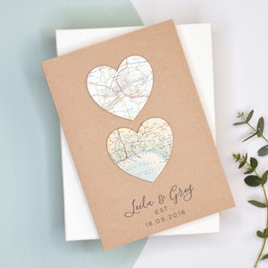 Engagement Card, Custom Map Heart Card, Luxury Wedding Anniversary Card For A Couple, Two Map Hearts, Personalized Wedding Card