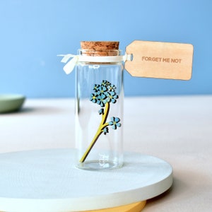 Memorial Gift, Forget Me Not Flower Funeral Sympathy Gift, Keepsake Message Bottle With Personalised Tag, Blue Wooden Flowers