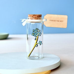 Memorial Gift, Forget Me Not Flower Funeral Sympathy Gift, Keepsake Message Bottle With Personalised Tag, Blue Wooden Flowers