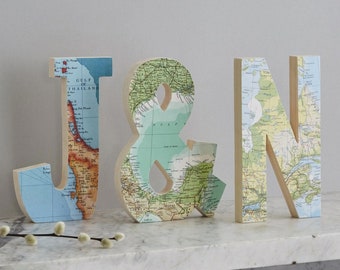 Custom map letters initial set of three - Personalized engagement or wedding anniversary gift  for a couples - wood map letter present