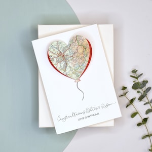 Tarjeta emergente de aniversario de boda, mapa personalizado de compromiso corazón globo, tarjeta de felicitación romántica, tarjeta de amor personalizada para una pareja