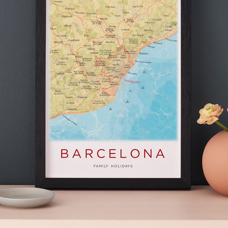 FRAMED Barcelona Map Print, Poster Print, Wall Art Decor, Gifts for Him, Barcelona Spain Map Gift, Travel Gift For men, Coastal Gallery Art image 2