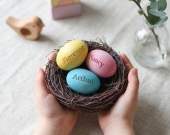 Personalized Easter Nest Table Decoration, Custom Named Wooden Eggs, Personalised Rustic Family Keepsake & Centrepiece