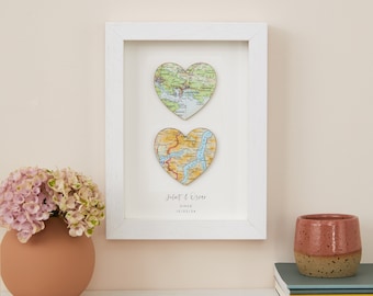 Valentine's Gift For Her, Two Custom Map Hearts, Wall Art Print Romantic Gift For Her, Personalised Anniversary Gift, Engagement Gift