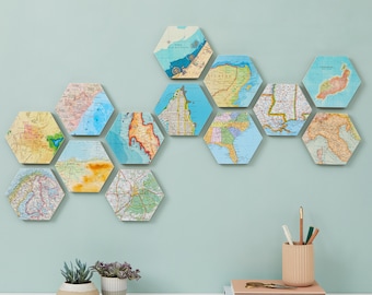 Wall Art Hexagons, Custom Map Gift, Travel Gift For Him, Hexagon World Map Wall Art Block, Personalised Home Decor Gift for A Couple